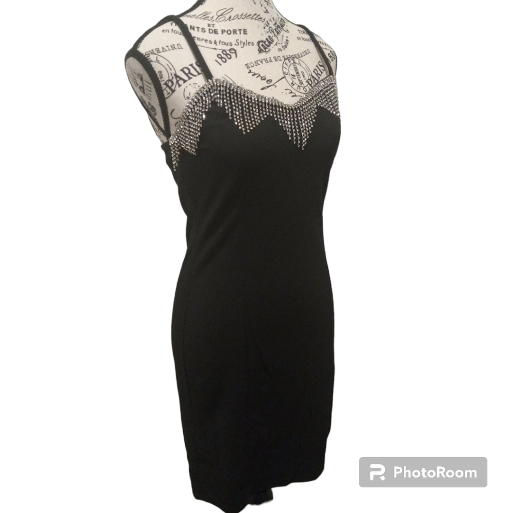 NWT Women M Rhinestone Dress Stretchy Soft Party Fringe Slimming Mini Black Boho